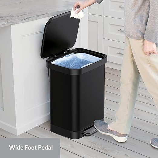 Glad Stainless Steel Step Trash Can, Series 2 with Clorox Protection - Large Black Kitchen Garbage Bin with Soft Close Lid, Foot Pedal and Waste Bag Roll Holder, 13 Gallon