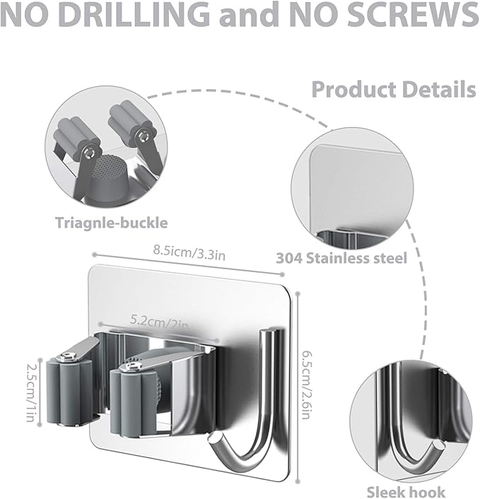Mop Broom Holder No Drill, Mop Broom Organizer Wall Mounted Heavy Duty with Hooks Hanger, Self Adhesive Stainless Steel 6Pcs for Bathroom, Kitchen, Office (Silver)