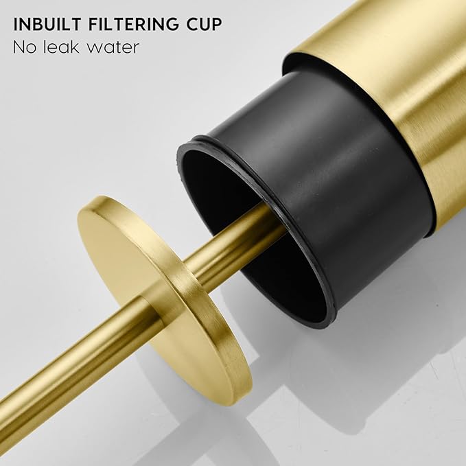 Gold Brushed Stainless Steel Toilet Brush and Cover, No-Punch Hook Base Dual Purpose Toilet Brush Holder with Removable Inner Bucket and Splash Cover - Soft Bristles (Brushed Gold)