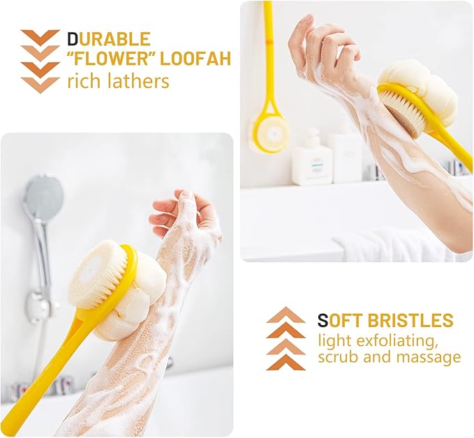 Shower Body Brush,Soft Bristles and Beautiful Pumpkin Loofah 14" Long Handle Back Scrubber Bath Mesh Sponge for Skin Exfoliating Bath,Massage Bristles Suitable for Wet or Dry,Men and Women (Yellow)