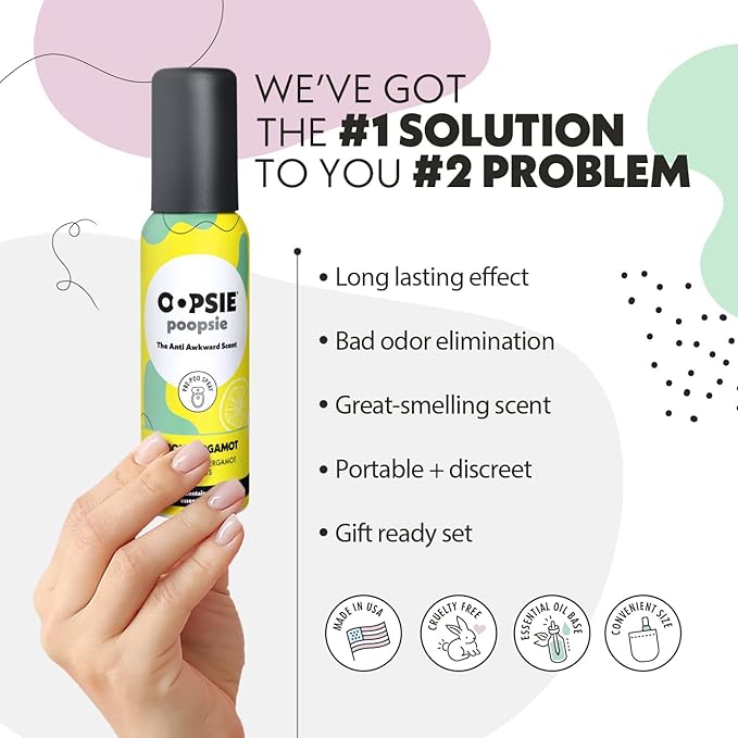 OOPSIE POOPSIE - Lemon Bergamont - Before & After You Go Toilet Spray 2oz - Portable Odor Eliminator - 4 Pack