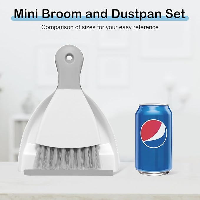 NACENA Mini Dustpan and Brush Set, Small Broom and Dustpan Set Dust Pan and Mini Hand Broom Dustpan and Broom Combo Compact for Home Table Keyboards Sofa Kitchen Pets, White & Gray