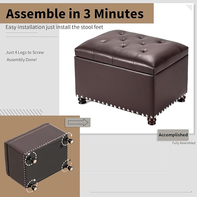 Joveco Faux Leather Storage Ottoman Bench Rectangle 24 Inch Foot Rest Ottomans (Brown)