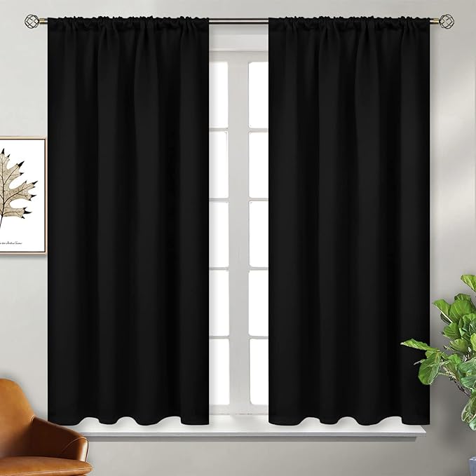 BGment Rod Pocket Blackout Curtains for Bedroom - Thermal Insulated Room Darkening Curtain for Living Room, 52 x 45 Inch, 2 Panels, Black