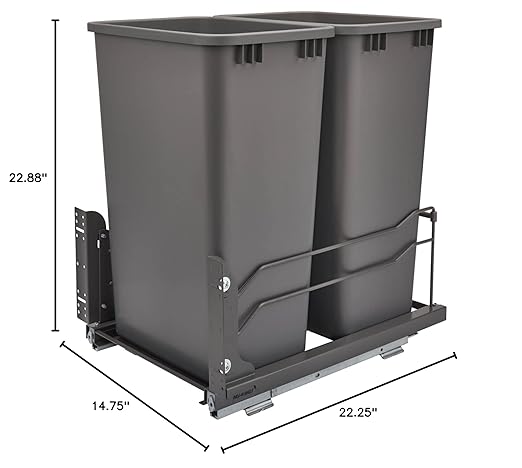 Rev-A-Shelf Pullout Dual Trash Cans for Full Height Kitchen Garbage Cabinet 50 Quart 12.5 Gallon with Soft-Close Slides, Orion Gray, 53WC-2150SCDM-213