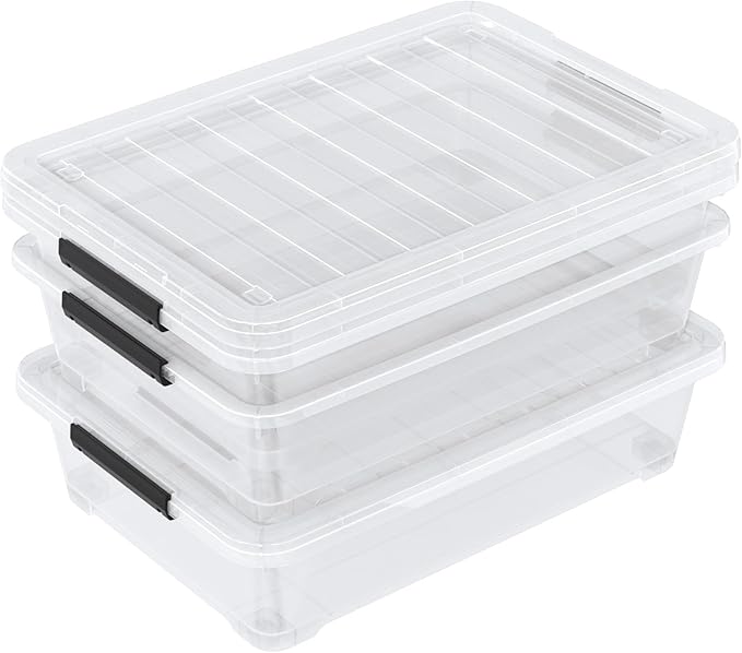 Set of 3 42 L Clear Plastic Under The Bed Storage Bins, Underbed Box with Latching Lid and Wheels, Flat Container for Dormitory, Apartment, Attic
