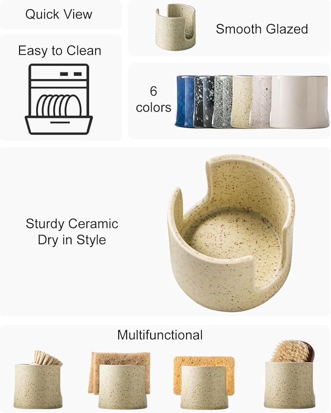 Sponge Holder for Kitchen Sink, Ceramic Dish Sponge Holder Sink Caddy Compact Scrubby Daddy Kitchen Organizer Dish Rcak for Sponges, Scrubbers, Yellow