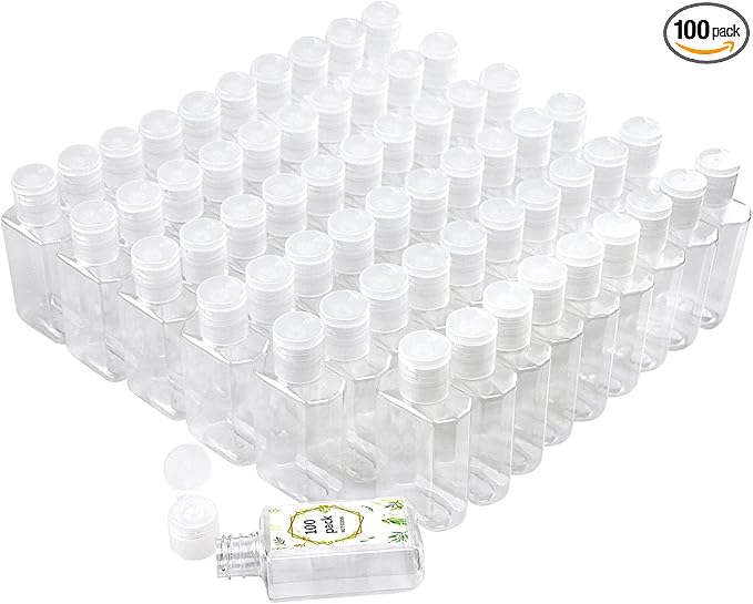 2oz Empty Hand Sanitizer Travel Size Bottles, Refillable Clear Plastic Containers with Flip Cap for Shampoo, Lotion, Cream, Baby Shower, Tolitery (100 Pack)
