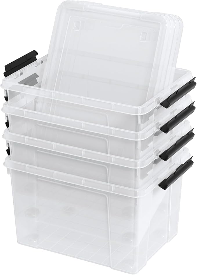 Set of 4 34 L Stackable Plastic Storage Bins with Latching Lids and Wheels, Clear Home Organization Container Box, See-Through