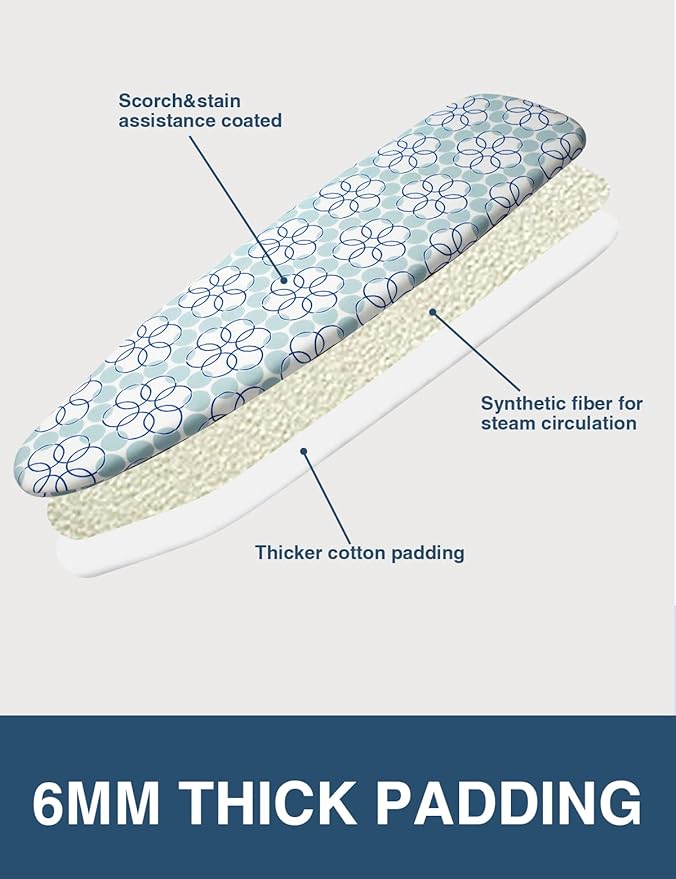 Ironing Board Cover and Pad, Resist Scorching and Staining, 15x54 Reflective Silicone Ironing Board Cover with Thick Padding Extra Thick with Elastic Edges 4 Fasteners