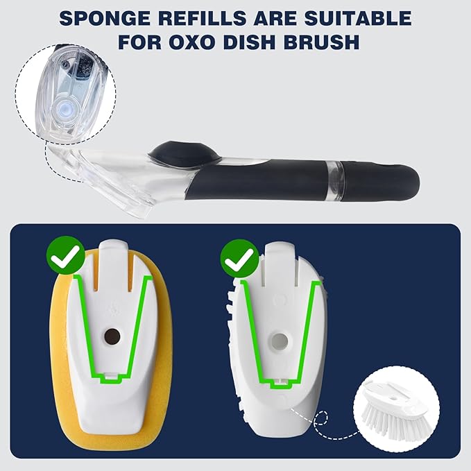 Sponge Brush Refills for OXO Dish Brush, 6 Pack Soap Dispensing Dish Refills, Scrub Replacement Head for Scrubber, Sponge Replacement Head Fits Soap Dispensing Handle