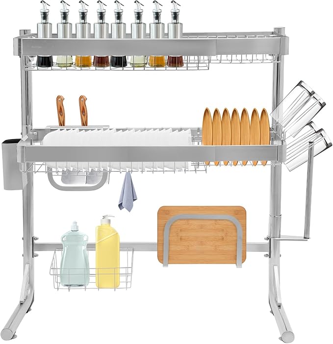 Over The Sink Dish Drying Rack, 2-Tier Stainless Steel Dish Drainer for Kitchen, Multifunctional Organizers, Chopstick Cage, Cup Holder, Cutting Board Holder, Knife Holder, 21''-33''Adjustable Length