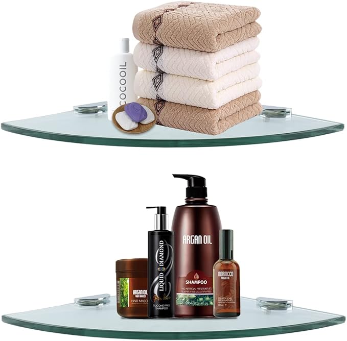 Corner Glass Shower Caddy 2 Pack 8MM-Thick Tempered Glass Shelf No Drilling Wall Mount Corner Mounted Shelves Space Saver Adhesive Bathroom Home Shelf Shampoo Holder Organizer Strong Adhesion
