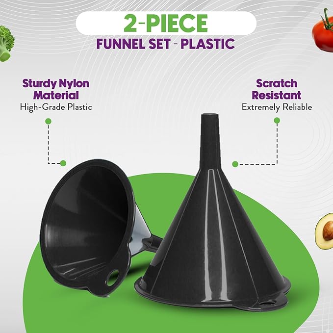 Crisp 2-Piece Funnel Set - All Purpose Funnels for Kitchen Use Filling Bottles - Durable & Dishwasher Safe Kitchen Funnel Set - Made in The USA - Black
