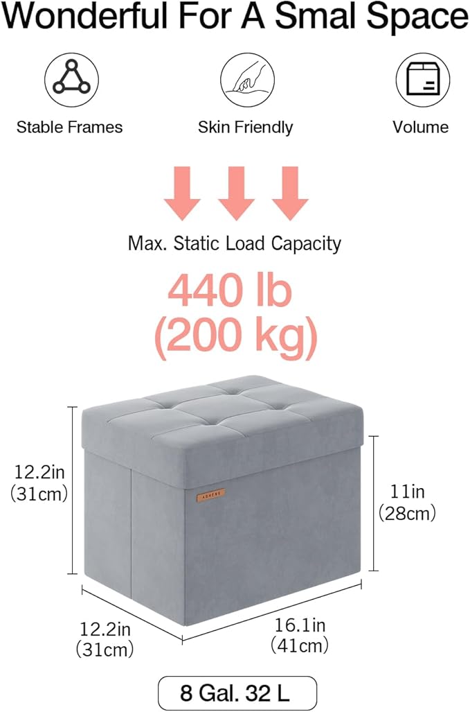 Folding Storage Ottoman, Velvet Storage Bench, Footrest, Foot Stool, for Living Room, Bedroom and Office,12.2 x 16.1 x 12.2 Inches, 200 kg Load Capacity, Dove Gray UASND03G