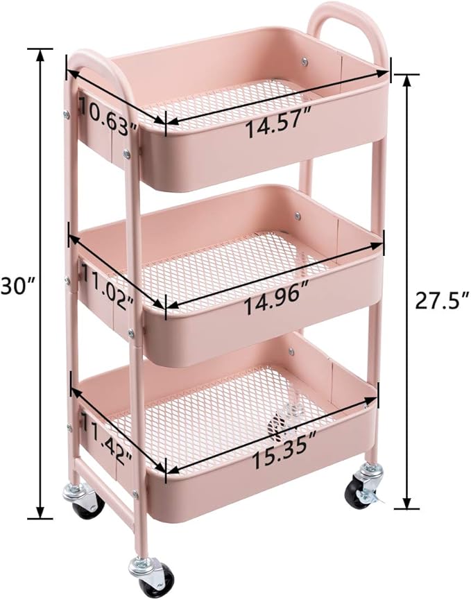 AGTEK Makeup Cart, Movable Rolling Organizer Cart, 3 Tier Metal Utility Cart, Rosiness
