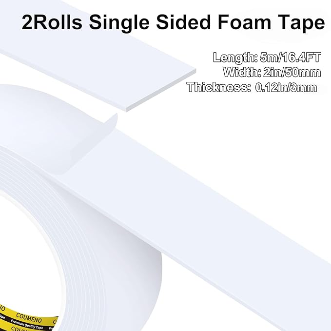2 Pack Single-Sided Adhesive White Foam Tape, Single-Sided Sealing Strip Foam Pad Sponge Tape Window Weatherproof, Self-Adhesive Insulation Sealing Tape (White) 2inX16.4FT