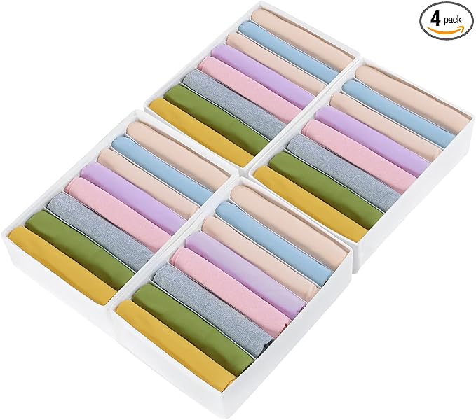 4 Packs T-shirt Drawer Organizers for Clothing,8 Grids Compartment Wardrobe Storage Box, Washable Clothes Organizer for Folded Clothes, T-shirt, Legging, Silk Scarve-White