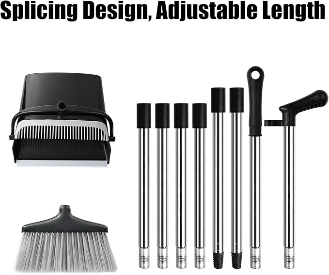 Broom and Dustpan Set with Long Handle and 6 Bonus Cleaning Tools, Upright Standing Combo with Self-Cleaning Teeth & Windproof Dustpan for Pet Hair, Home, Kitchen, Garage, Apartment