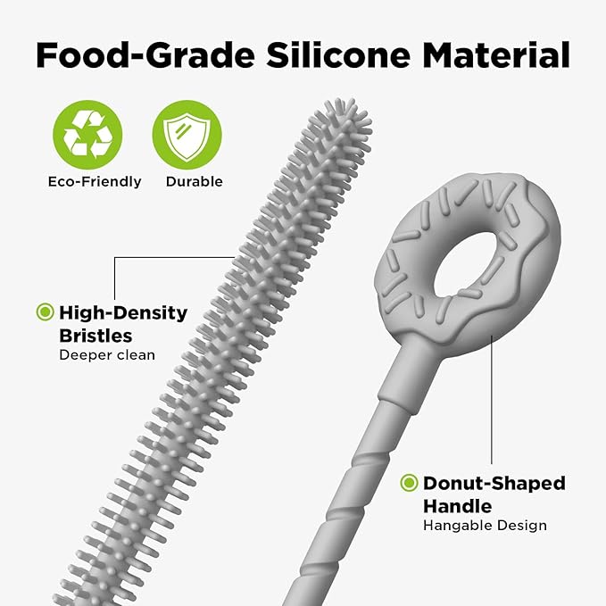 2 Pcs Silicone Straw Cleaner Brush, Extra Long Cleaning Brushes for Straws, 6mm&9mm, Gray