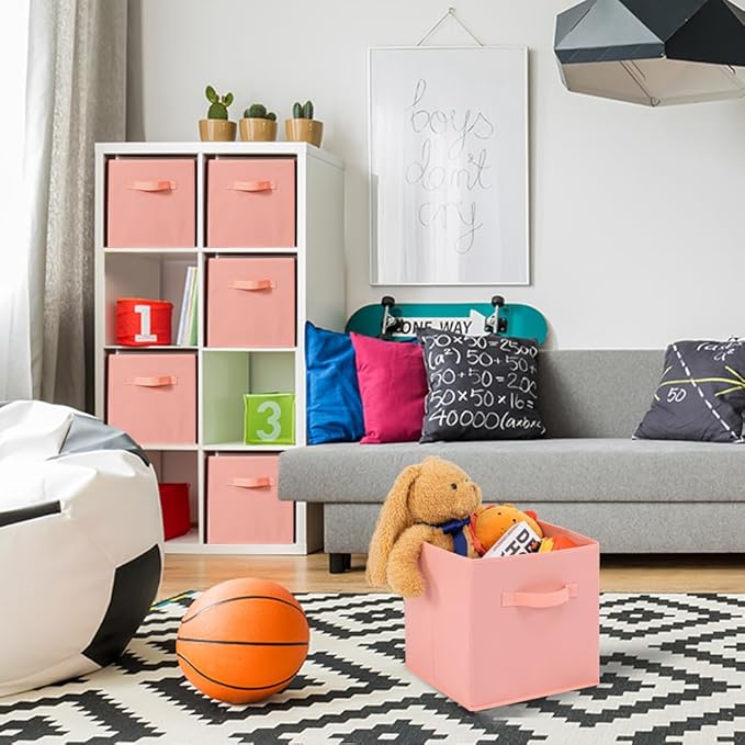Stero Fabric Storage Bins 6 Pack Fun Colored Durable Storage Cubes with Handles Foldable Cube Baskets for Home, Kids Room, Closet and Toys Organization Peachpuff