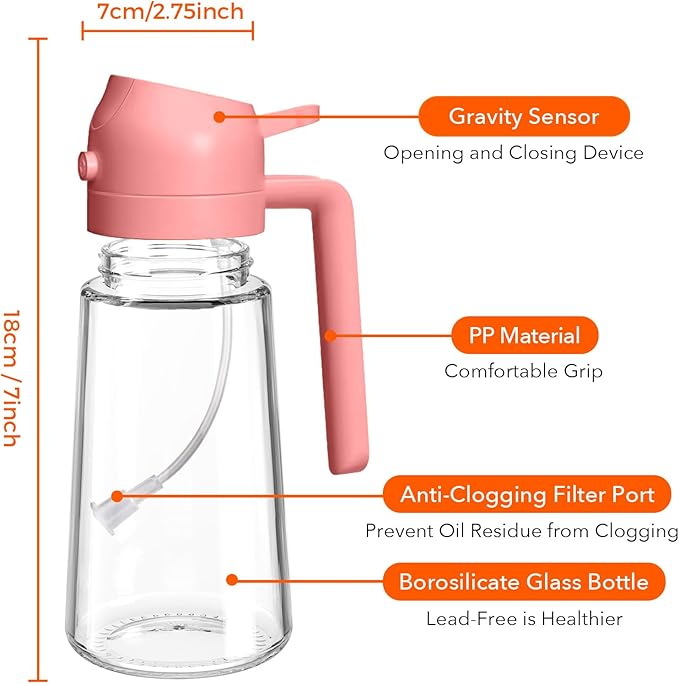 YARRAMATE 16oz/470ml Oil Sprayer for Cooking with Stickers, Food-grade Premium 2 in 1 Olive Oil Dispenser Bottle for Kitchen Gadgets, Air Fryer, Salad, Frying, BBQ (Pink)