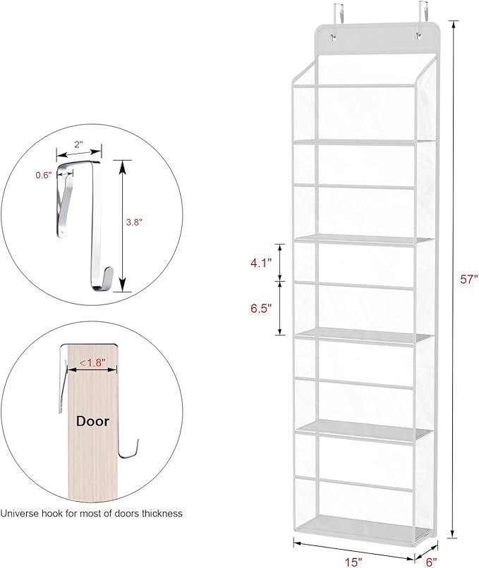 Univivi 5-Shelf Fabric Door Storage Over Door Hanging Organizer with 5 Clear Plastic Pockets & 2 Big Metal Hooks Nursery Closet Cabinet Wall Mount Hanging Storage Organizers for Baby Nursery