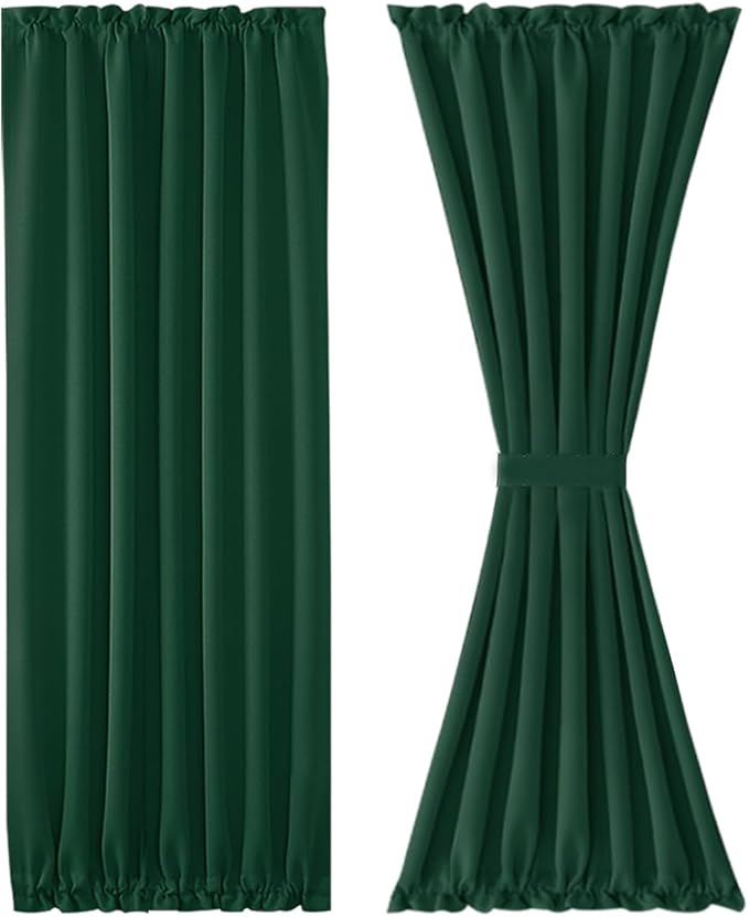 DWCN French Door Curtain - Rod Pocket Thermal Blackout Panel for Doors With Glass Window, Kitchen and Patio - Privacy, 54 X 72 Inches Long, 1 Panel With Tieback, Hunter Green
