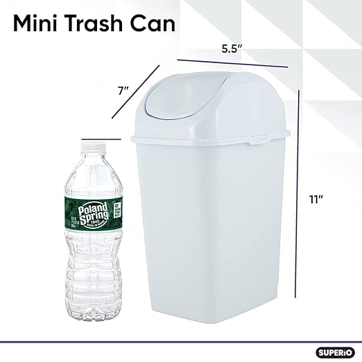 Superio Mini Desktop Trash Can with Swing Top Lid Portable Plastic Garbage Can for Countertop, Desktop, Make up Vanity, Bathroom, Car, Under Sink, Dorm, Compact Waste Bin 5 L, 1.25 Gal. (White)