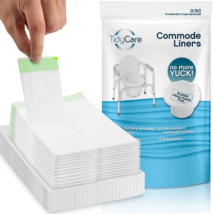 Disposable Bedside Commode Liners and Pads for Portable Toilet Chair Seat Bucket and Bedpan | Combo Pack of 24 Waste Bags and 24 Absorbent Pads | Universal Fit