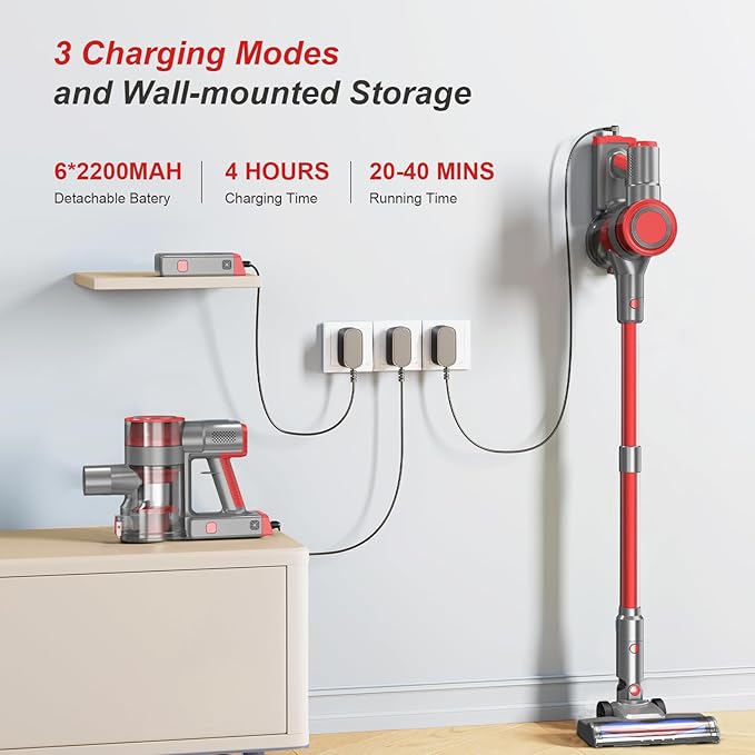 Cordless Vacuum Cleaner, Lightweight Stick Vacuum Cleaner for Home, 6 in 1, Anti-Tangle Vacuum with Powerful Suction, 180° Bendable Wand Rechargeable Cordless Vacuum for Floor Pet Hair/Carpet Deep Red