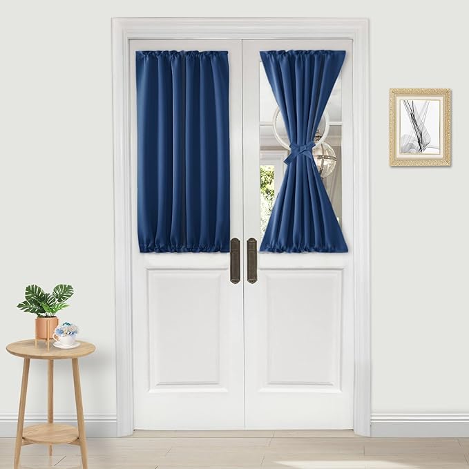 DWCN French Door Curtains – Rod Pocket Thermal Blackout Curtain for Window/Patio Doors/Doorways/Classroom/Kitchen for Privacy, 25W by 40L Inches, 1 Panel with Tieback, Classic Blue