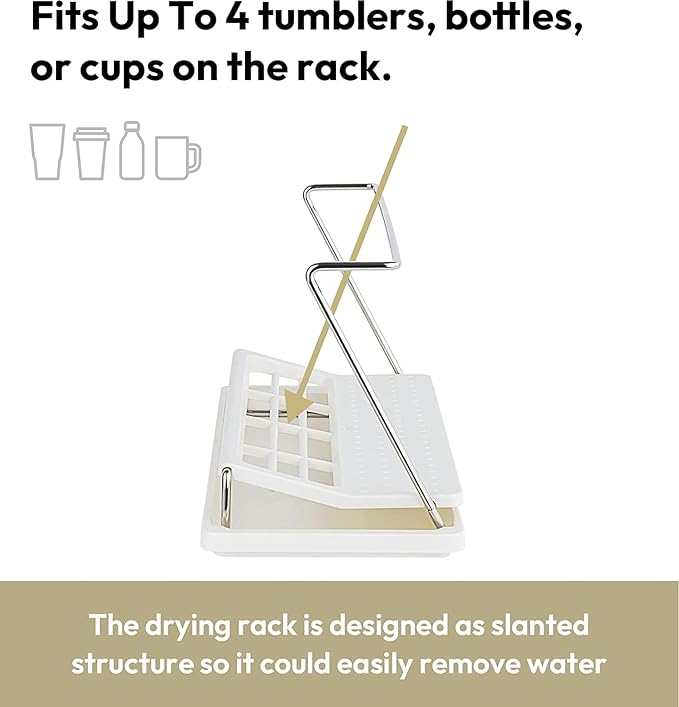 carrotez Bottle Drying Rack, Tumbler Rack with Drain Tray - Narrow and Wide Openings with Various Capacity, Mug Type and Cup Type - White