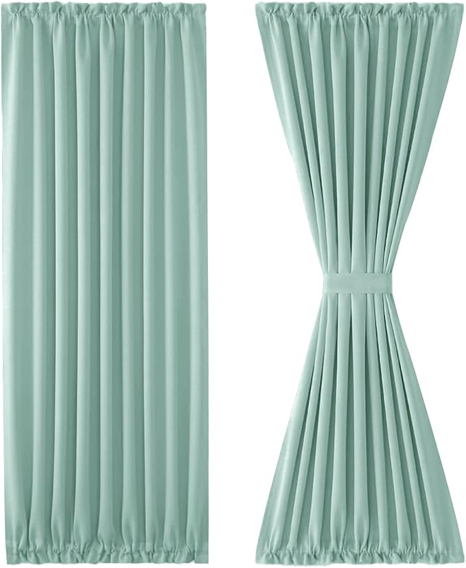 DWCN French Door Curtains – Rod Pocket Thermal Blackout Curtain for Doors with Glass Window, Kitchen and Patio Doors for Privacy, 54 X 72 Inches Long, 1 Curtain Panel with Tieback, Mint Green