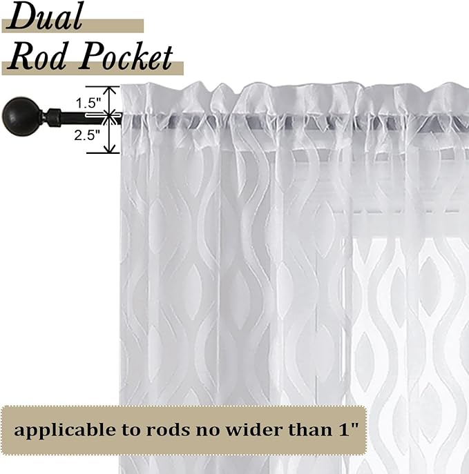 Aiyufeng White Sheer Curtains 45 Inch Length 2 Panels Set, Farmhouse Clip Jacquard Textured Short Curtains, Lightweight Chic Wavy Line Window Curtains Drapes for Bedroom, 40" Wx45 L Inches