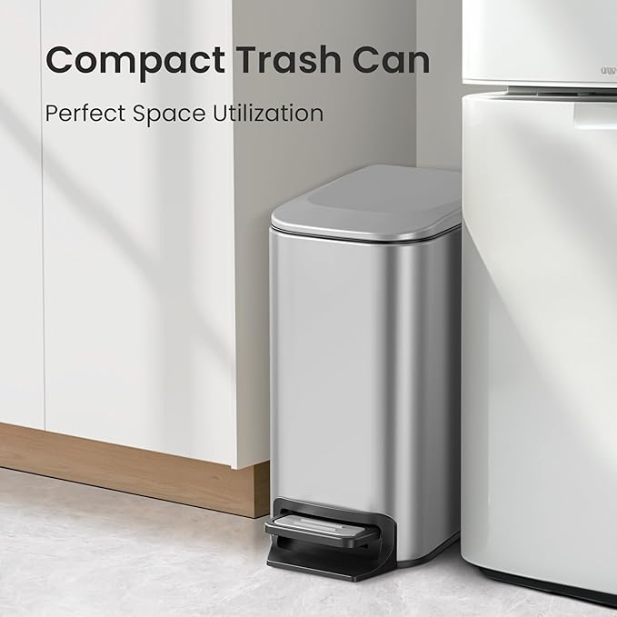 Cesun Small Bathroom Trash Can with Lid Soft Close, Step Pedal, 6 Liter / 1.6 Gallon Stainless Steel Mini Garbage Can for Office, Outdoor Trash Bin with Removable Inner Bucket (Silver)
