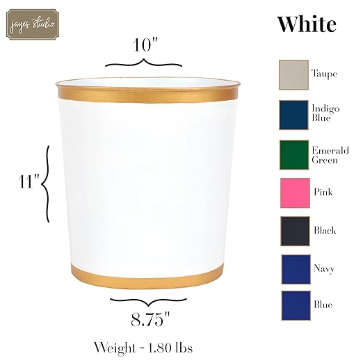 Jaye's Studio Mattie Decorative White and Gold Bathroom Trash Can, Metal Waste Basket Modern, Luxury Trash Bin for Bedroom, Dorm Room, Office Garbage Can, Oval Decorative Trash Bins (12" x 10" x 8")