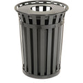 Global Industrial 36 Gallon Outdoor Slatted Steel Round Trash Can with Flat Lid, Plastic Liner & Anchor Kit Included, 28" W x 36" H, Commercial & Industrial Trash Can, Black