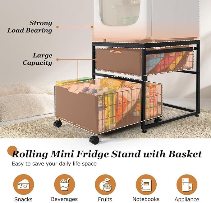 Mini Fridge Stand with Storage Drawer, 21.7”x21.7” Heavy Duty Mini Fridge Table with Wheels, Rolling Beverage Cart with Basket for Home, Office, Bedroom