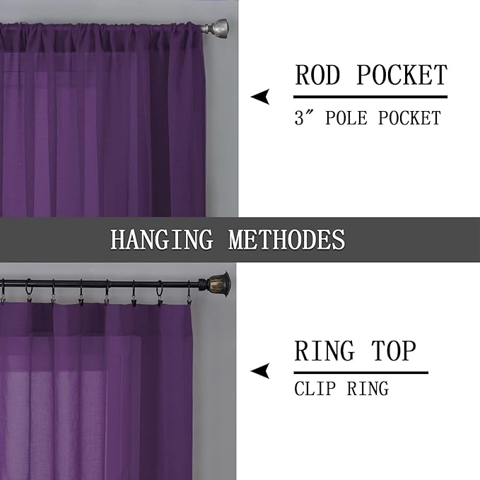 Tollpiz Sheer Curtains Living Room Linen Textured Curtain Sheers Light Filtering Voile Rod Pocket Curtains for Bedroom, 38 x 63 inches Long, Royal Purple, Set of 2 Panels