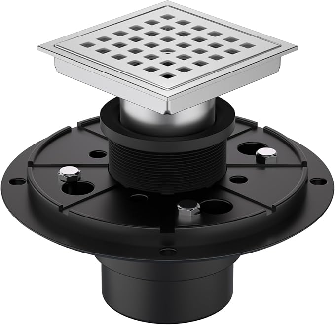 4-3/8 Inch Square Shower Drain Chrome, Bathroom Floor Drain, Stainless Steel Drain Kit with ABS Flange, Removable Grid Cover, Hair Strainer