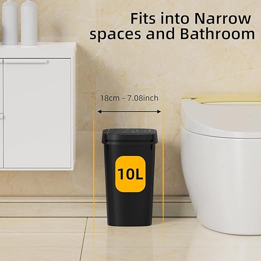 3 Pack Bathroom Small Trash Can with Lid, 2.6 Gallon Slim Garbage Bin with Pop-Up Lid, 10L Plastic Wastebasket for Bedroom, Office, Kitchen, Toilet (Three Colors)