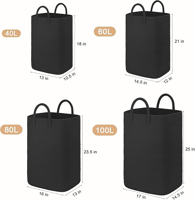 Laundry Basket,Woven Cotton Rope Laundry Hamper,80L Versatile Storage for Dirty Clothes,Baby Toys,and Blankets in Bathroom, Nursery,and Living Room