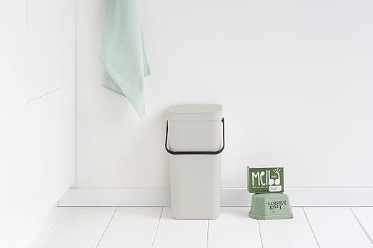 Brabantia Sort & Go Kitchen Recycling Can (4.2 Gal/Light Gray) Stackable Waste Organiser with Handle & Removable Lid, Easy Clean, Fixtures Included for Wall/Cupboard Mounting