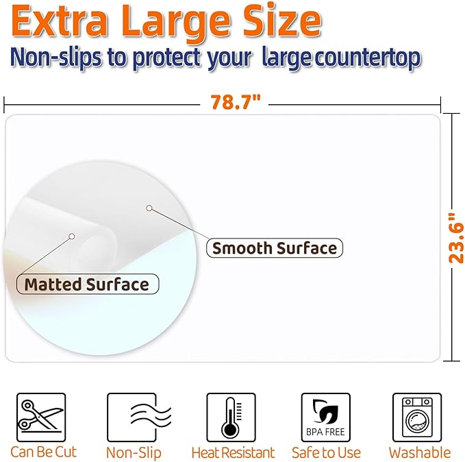 Warome Silicone Mat,78.7”x 23.6” Heat Resistant Mats for Countertop,Extra Large Countertop Protector Mat, Cuttable Kitchen Counter Mat, Silicone Mats for Kitchen Counter/Crafts- White Translucent
