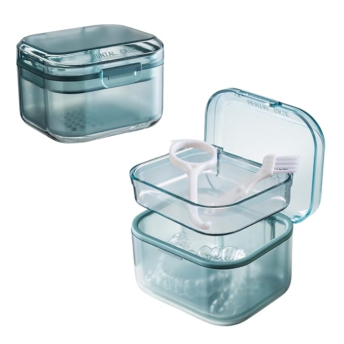 Retainer Case Denture Bath Case,Retainer Cleaner Case with Lid,Denture Cup for Partial Dentures,Mouth Guard&Braces,Denture Soaking Container Case for Travel (Blue)