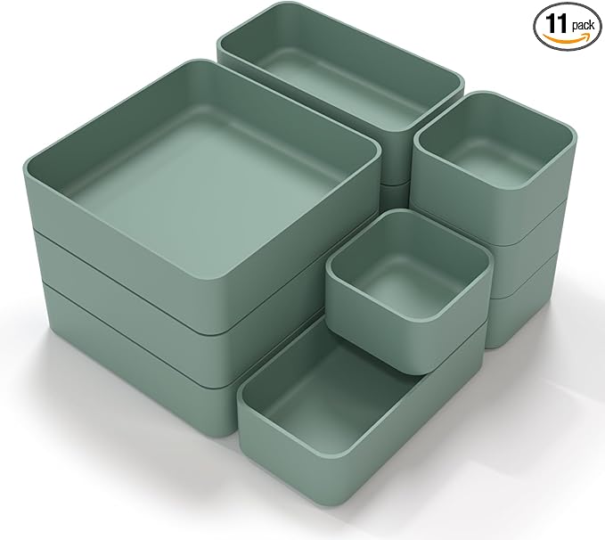 11-Piece Stackable Drawer Organizer Set, Multi-size Desk Drawer Organizer Trays Vanity Storage Bins for Storing Makeup, Stationery, Utensils in Bathroom Dresser, Office and Kitchen