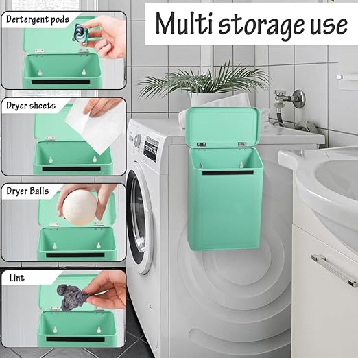 Picowe Magnetic Laundry Storage, Large Metal Lint Holder Bin with Lid for Laundry Room, Space-Saving Trash Container Hanging on Dryer, Washer or Wall Mount Trash Bin (Green)