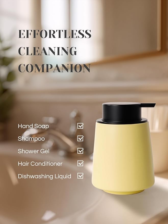 INGOFIN Ceramic Foaming Soap Dispenser -14 oz Foam Hand Soap Dispenser Bathroom, Modern Refillable Dish Wash Bottle for Kitchen with Large Pump, Matte Yellow