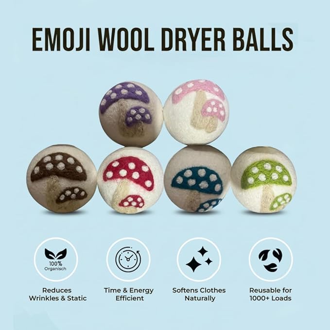 Ezhippie Quality Wool Dryer Balls - 6 XL Mushroom Pack - 1000+ Loads - Pure Organic Wool - Reusable Natural Fabric Softener Perfect with Essential Oils, Reduce Clothing Static and Wrinkles